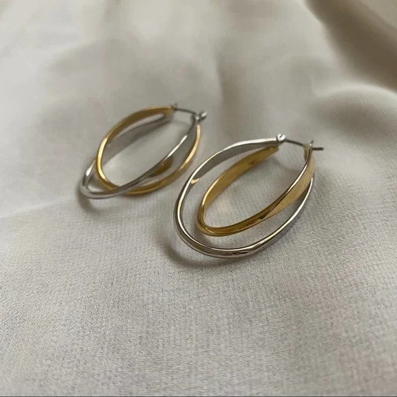 VTG Silver Gold Twist Oval Double Hoop Earrings - Picture 2 of 5